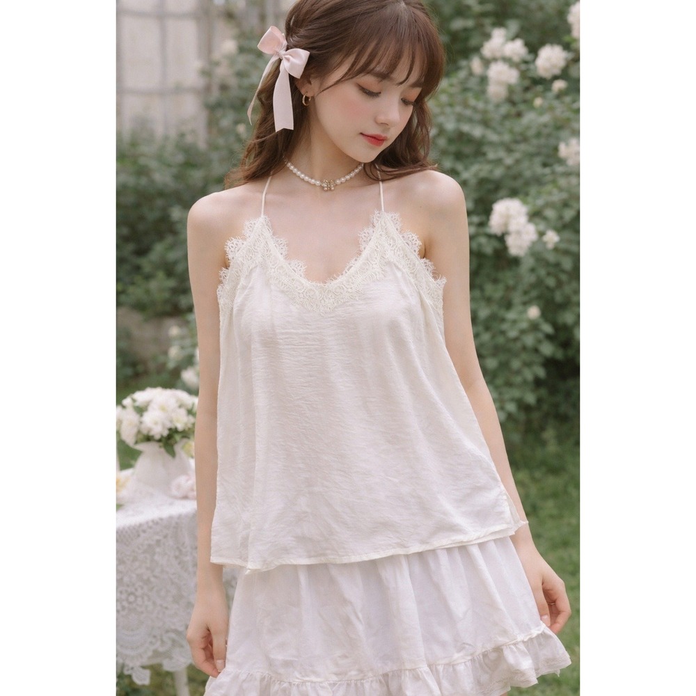 Altar'd State Womens Lace Trim Cami Size S White Coquette Dollette Parisian